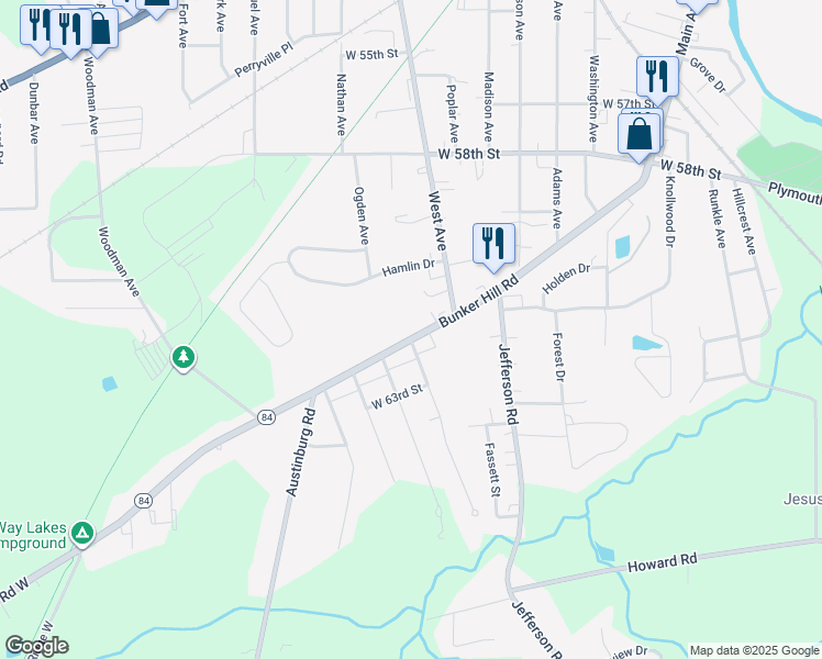 map of restaurants, bars, coffee shops, grocery stores, and more near 1047 Bunker Hill Road in Ashtabula