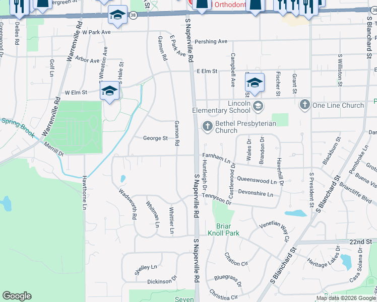 map of restaurants, bars, coffee shops, grocery stores, and more near 223 East Farnham Lane in Wheaton