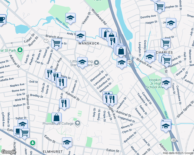 map of restaurants, bars, coffee shops, grocery stores, and more near 41 Sherwood Street in Providence