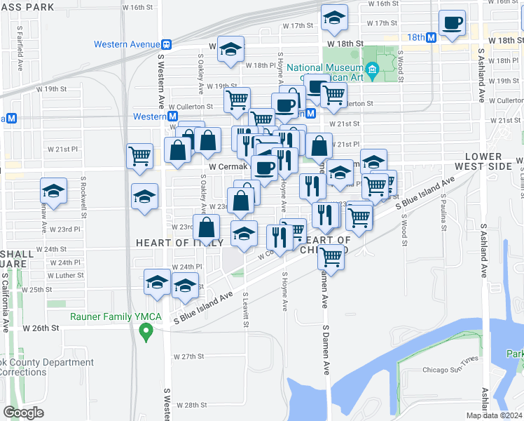 map of restaurants, bars, coffee shops, grocery stores, and more near 2133 West 23rd Street in Chicago