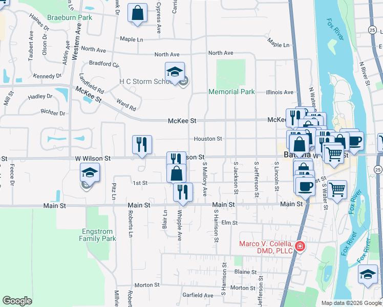 map of restaurants, bars, coffee shops, grocery stores, and more near 4 North Van Nortwick Avenue in Batavia