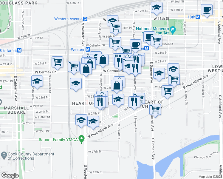 map of restaurants, bars, coffee shops, grocery stores, and more near 2223 West 23rd Street in Chicago