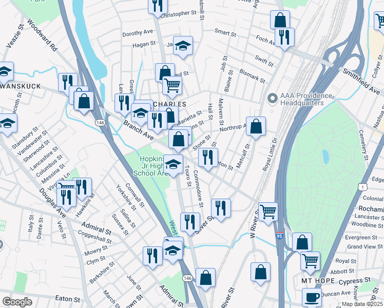map of restaurants, bars, coffee shops, grocery stores, and more near 15 Eureka Street in Providence