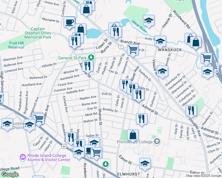 map of restaurants, bars, coffee shops, grocery stores, and more near 27 Badger Road in Providence