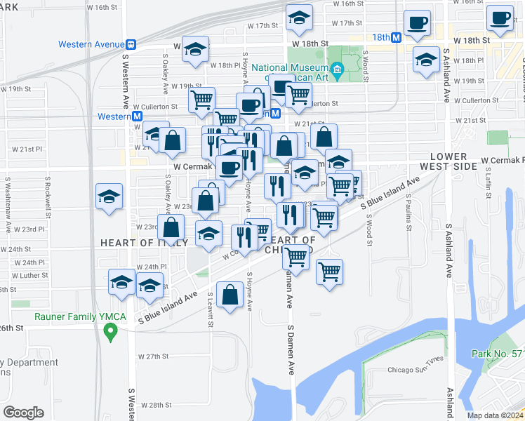 map of restaurants, bars, coffee shops, grocery stores, and more near 2309 South Hoyne Avenue in Chicago