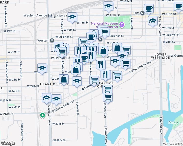 map of restaurants, bars, coffee shops, grocery stores, and more near 2309 South Hoyne Avenue in Chicago