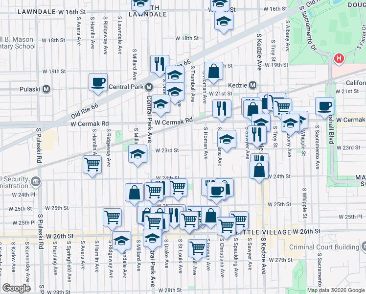 map of restaurants, bars, coffee shops, grocery stores, and more near 2258 South Saint Louis Avenue in Chicago