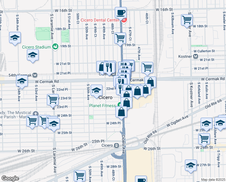 map of restaurants, bars, coffee shops, grocery stores, and more near 4823 West 22nd Place in Cicero