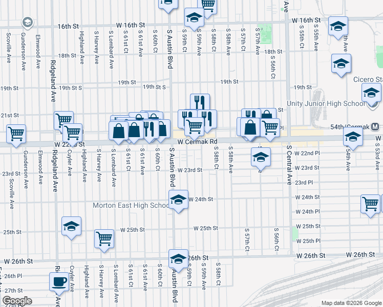 map of restaurants, bars, coffee shops, grocery stores, and more near 2216 South 59th Court in Cicero