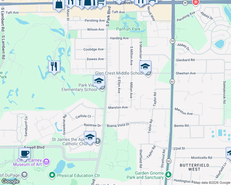 map of restaurants, bars, coffee shops, grocery stores, and more near 256 South Ellyn Avenue in Glen Ellyn