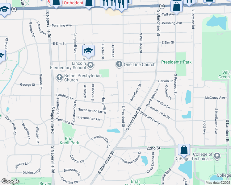 map of restaurants, bars, coffee shops, grocery stores, and more near 835 Sheldon Court in Wheaton