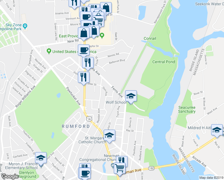 map of restaurants, bars, coffee shops, grocery stores, and more near 272 Ferris Avenue in East Providence