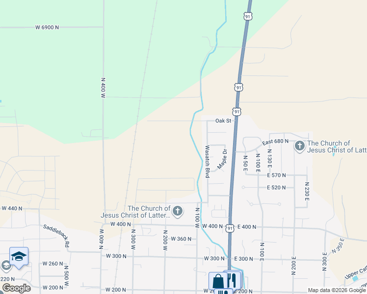 map of restaurants, bars, coffee shops, grocery stores, and more near 138 West 650 North in Smithfield