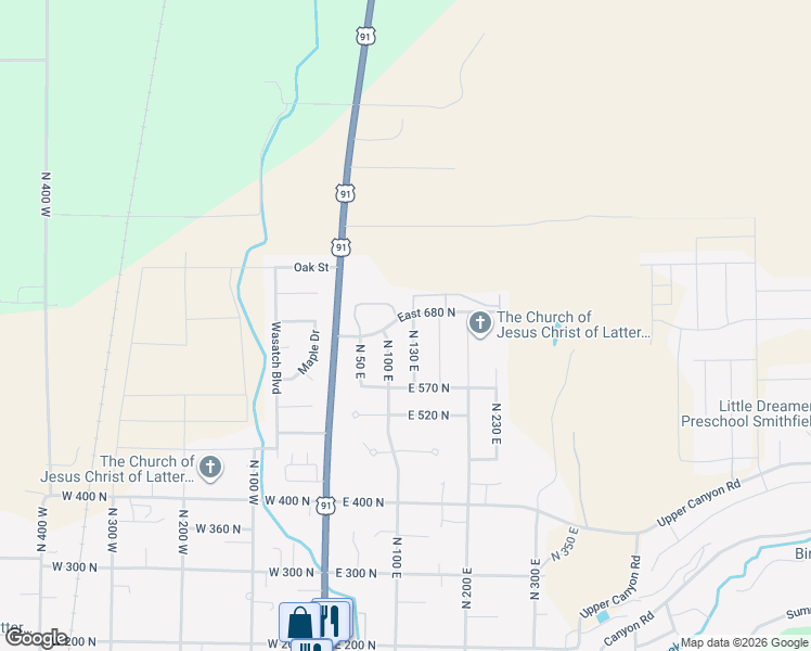 map of restaurants, bars, coffee shops, grocery stores, and more near 667 North 130 East in Smithfield