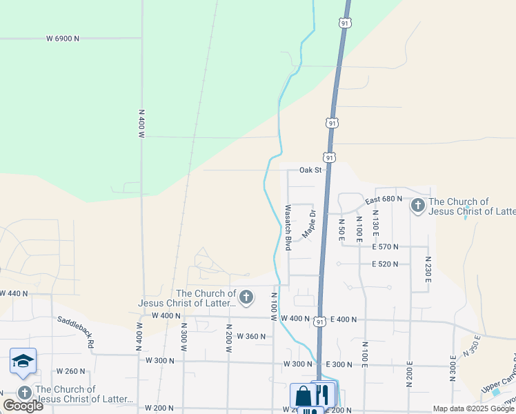 map of restaurants, bars, coffee shops, grocery stores, and more near 128 West 650 North in Smithfield