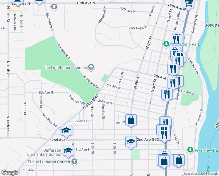 map of restaurants, bars, coffee shops, grocery stores, and more near 525 5th Avenue North in Clinton