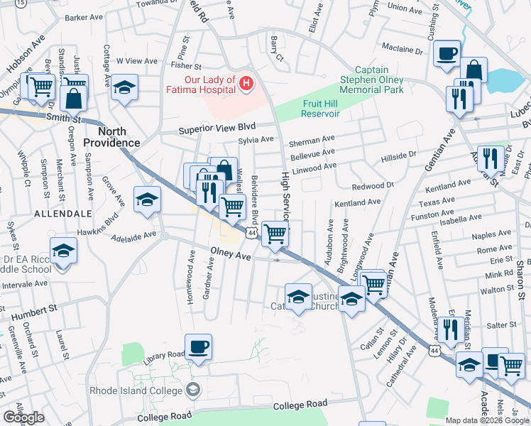map of restaurants, bars, coffee shops, grocery stores, and more near 16 Worcester Avenue in North Providence