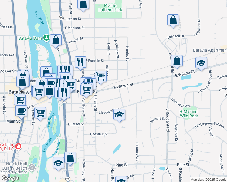 map of restaurants, bars, coffee shops, grocery stores, and more near 518 E Wilson St in Batavia