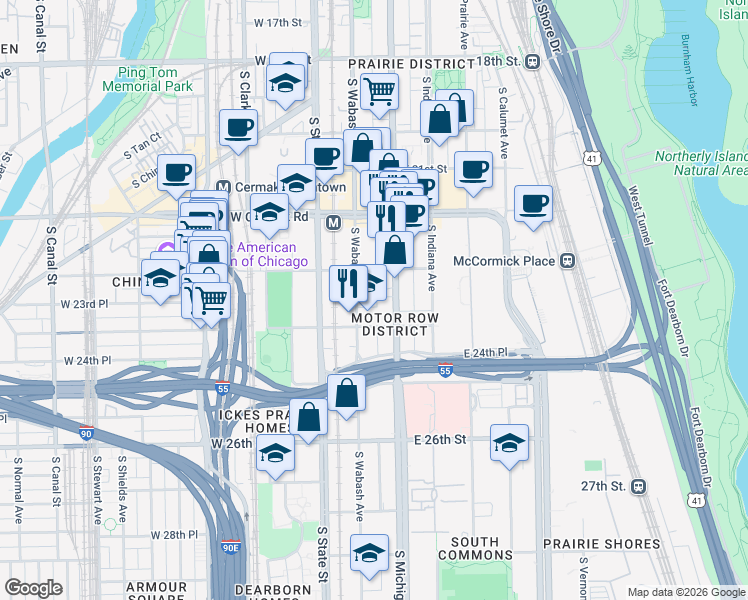 map of restaurants, bars, coffee shops, grocery stores, and more near 2323 South Wabash Avenue in Chicago