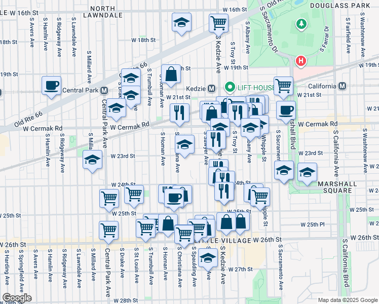 map of restaurants, bars, coffee shops, grocery stores, and more near 3324 West 23rd Street in Chicago