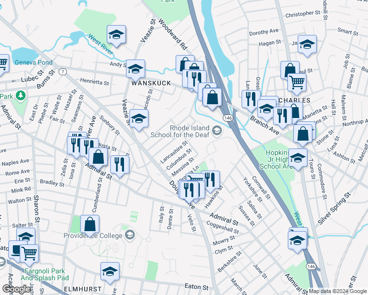 map of restaurants, bars, coffee shops, grocery stores, and more near 69 Lancashire Street in Providence