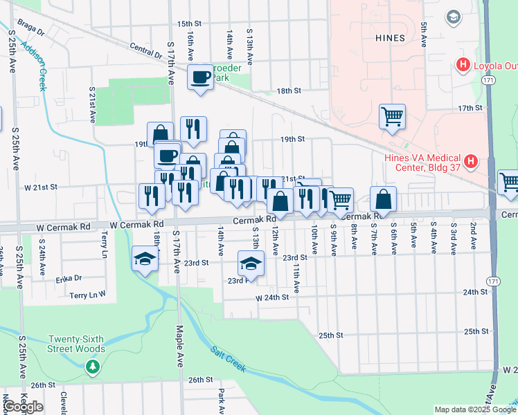 map of restaurants, bars, coffee shops, grocery stores, and more near 2933 South 13th Avenue in Broadview