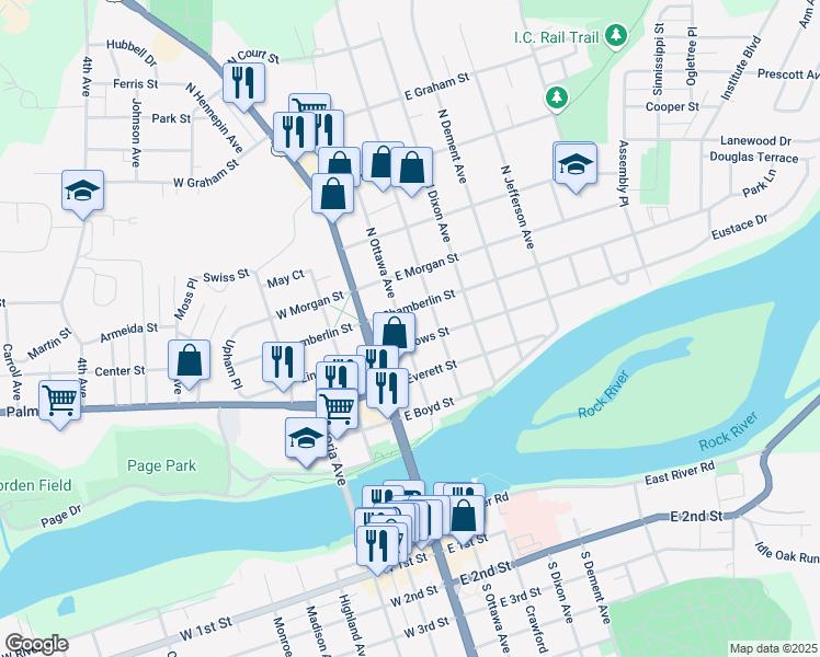 map of restaurants, bars, coffee shops, grocery stores, and more near 410 North Ottawa Avenue in Dixon