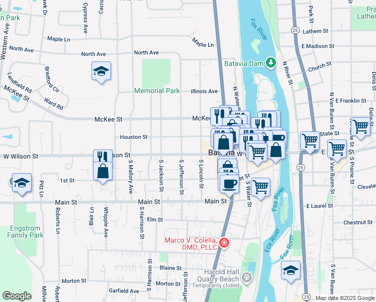 map of restaurants, bars, coffee shops, grocery stores, and more near 429 West Wilson Street in Batavia