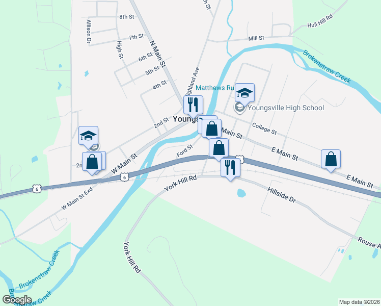 map of restaurants, bars, coffee shops, grocery stores, and more near Grand Army of the Republic Highway in Youngsville