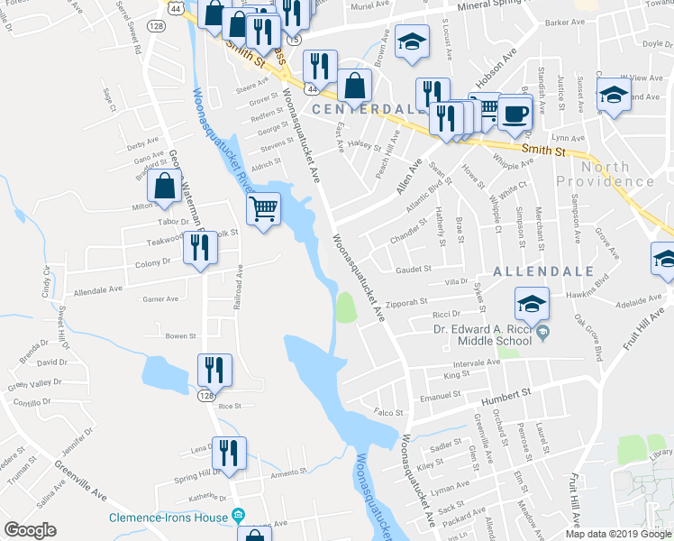 map of restaurants, bars, coffee shops, grocery stores, and more near 494 Woonasquatucket Avenue in North Providence