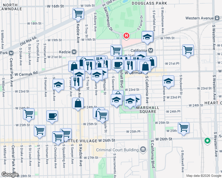map of restaurants, bars, coffee shops, grocery stores, and more near 3004 West 23rd Street in Chicago