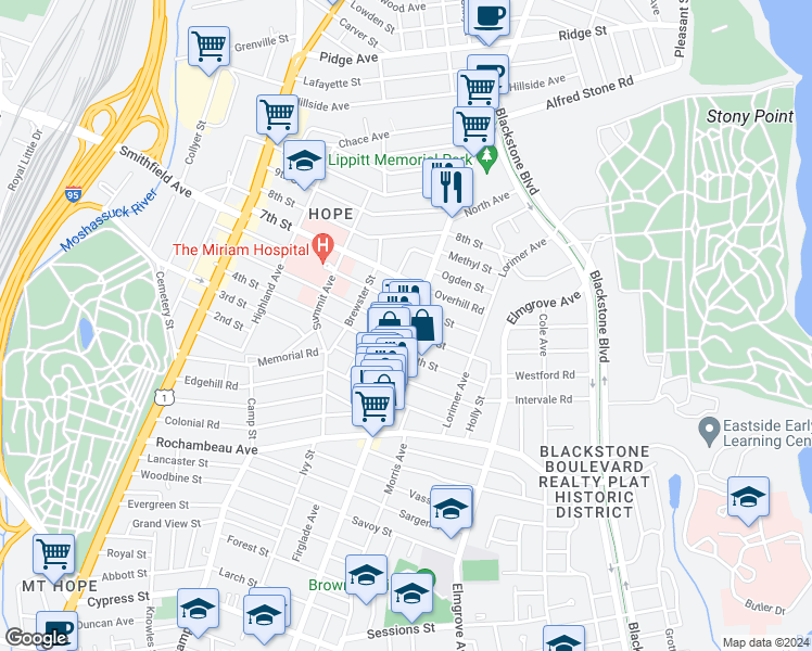 map of restaurants, bars, coffee shops, grocery stores, and more near 842 Hope Street in Providence