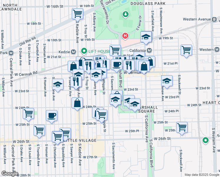 map of restaurants, bars, coffee shops, grocery stores, and more near 3004 West 23rd Street in Chicago