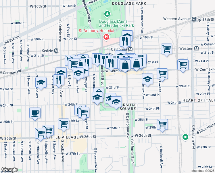 map of restaurants, bars, coffee shops, grocery stores, and more near 2878 West 23rd Street in Chicago