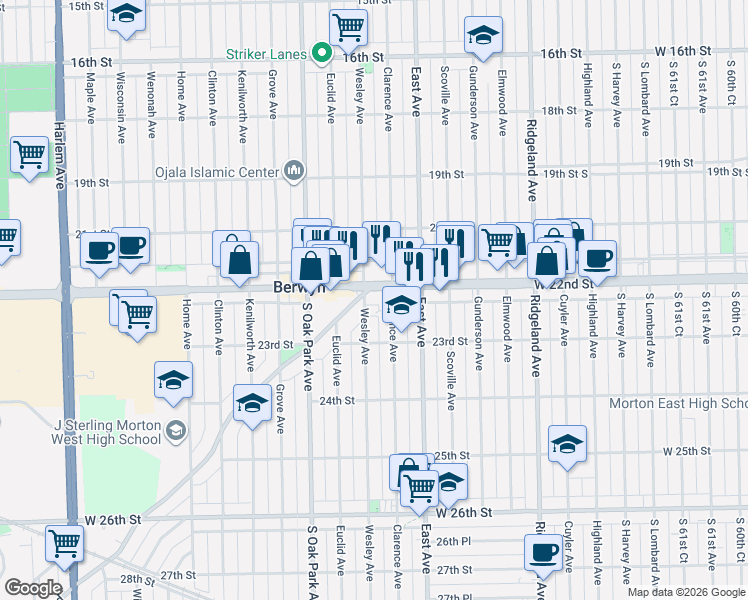 map of restaurants, bars, coffee shops, grocery stores, and more near 6655 Cermak Road in Berwyn