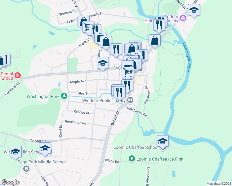 map of restaurants, bars, coffee shops, grocery stores, and more near 37 Elm Street in Windsor
