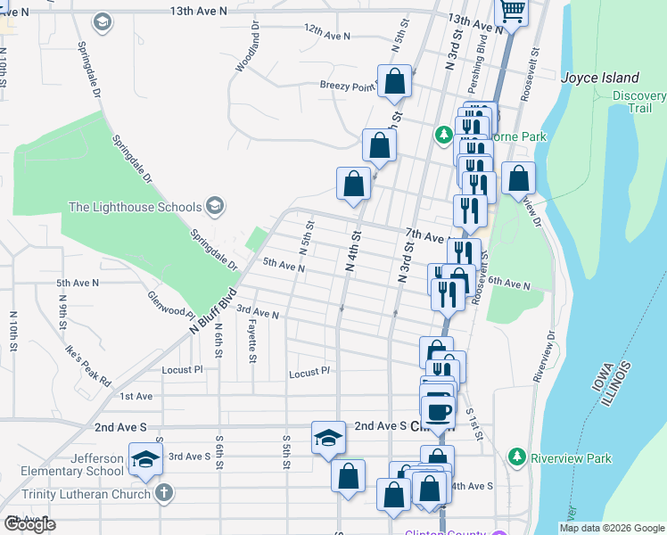 map of restaurants, bars, coffee shops, grocery stores, and more near 426 5th Avenue North in Clinton