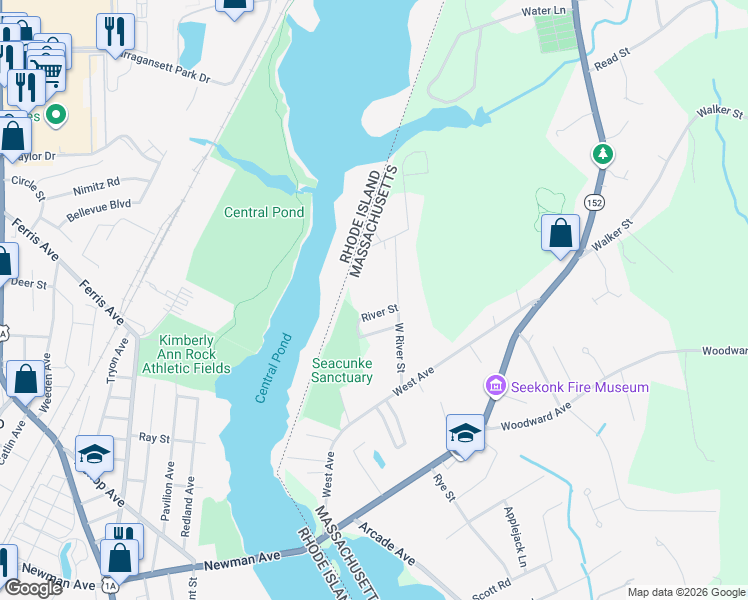 map of restaurants, bars, coffee shops, grocery stores, and more near 25 River Street in Seekonk