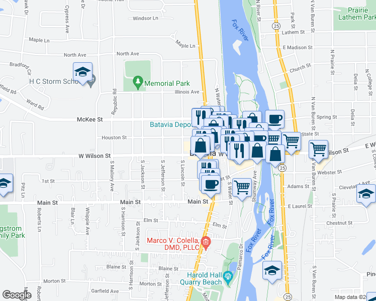 map of restaurants, bars, coffee shops, grocery stores, and more near 335 West Wilson Street in Batavia