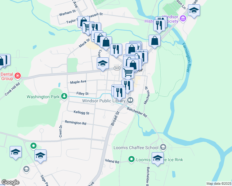 map of restaurants, bars, coffee shops, grocery stores, and more near 37 Elm Street in Windsor
