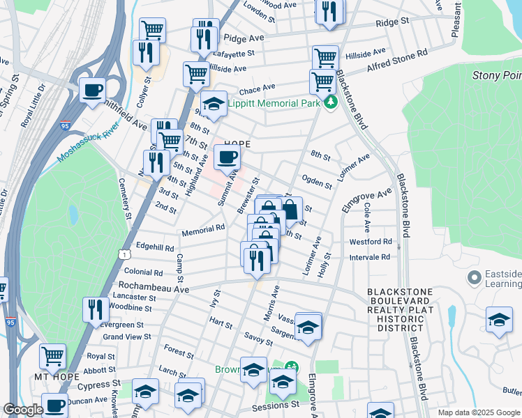 map of restaurants, bars, coffee shops, grocery stores, and more near 165 5th Street in Providence