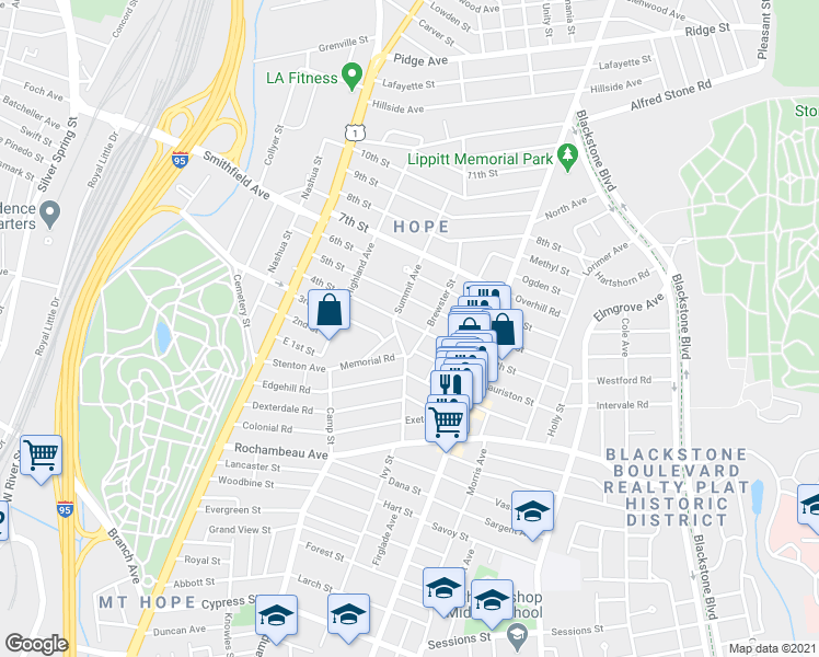 map of restaurants, bars, coffee shops, grocery stores, and more near 133 4th Street in Providence