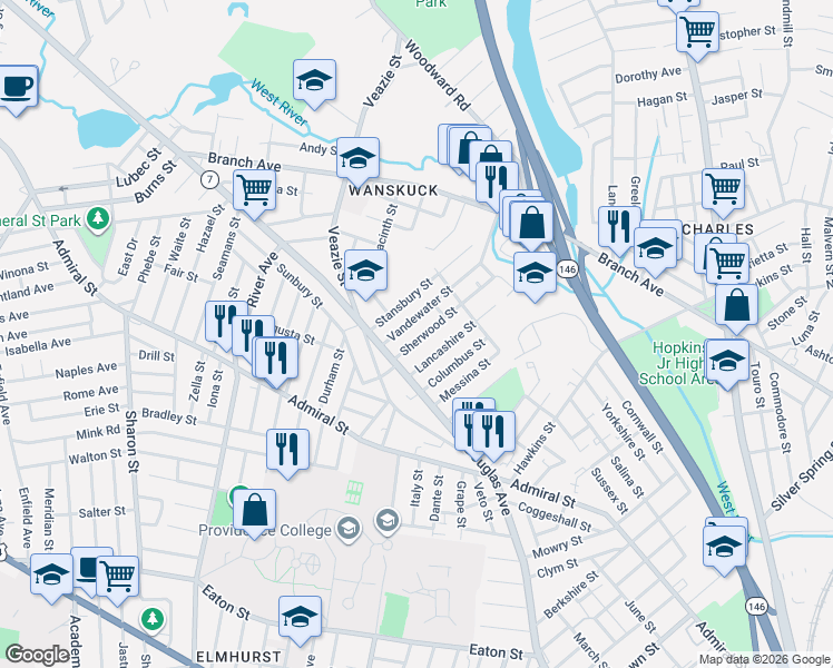 map of restaurants, bars, coffee shops, grocery stores, and more near 41 Sherwood Street in Providence