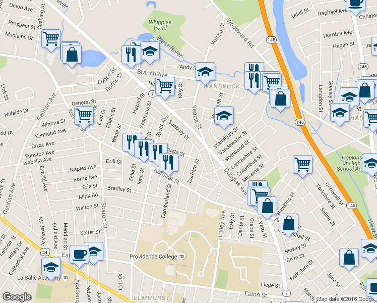 map of restaurants, bars, coffee shops, grocery stores, and more near 160 Devonshire Street in Providence