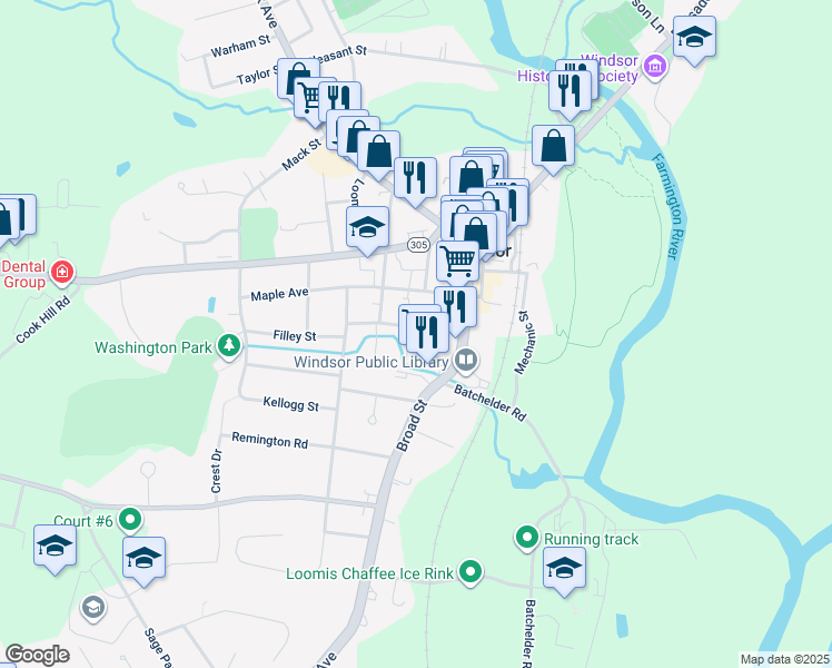map of restaurants, bars, coffee shops, grocery stores, and more near 43 Elm Street in Windsor