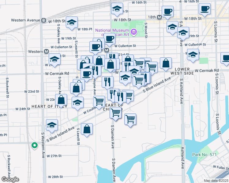 map of restaurants, bars, coffee shops, grocery stores, and more near 2312 South Winchester Avenue in Chicago