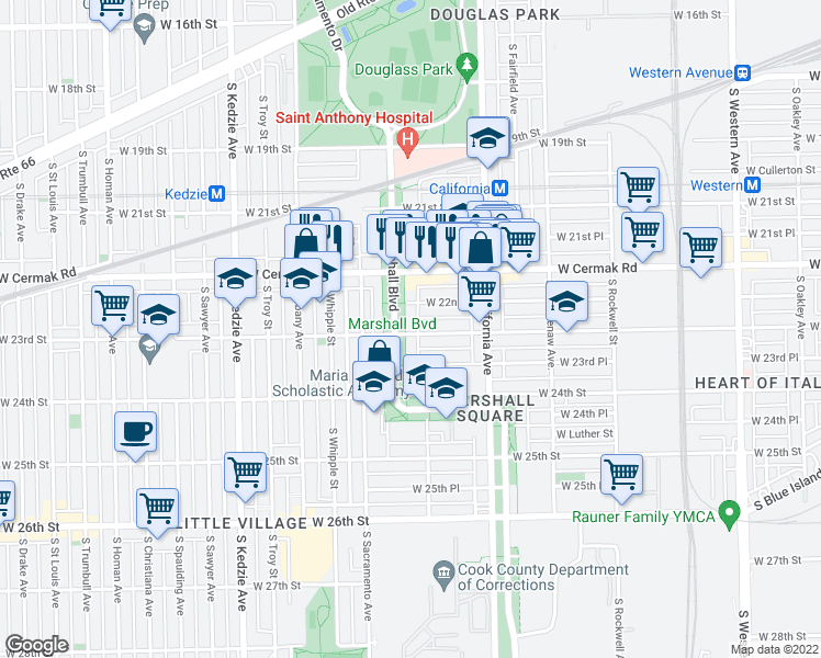 map of restaurants, bars, coffee shops, grocery stores, and more near 2878 West 23rd Street in Chicago