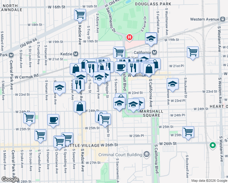 map of restaurants, bars, coffee shops, grocery stores, and more near 3004 West 23rd Street in Chicago