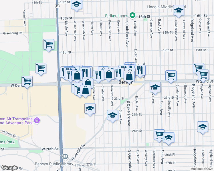 map of restaurants, bars, coffee shops, grocery stores, and more near 6913 Cermak Road in Berwyn