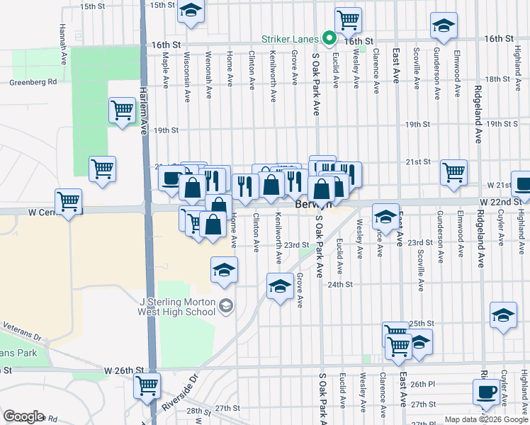 map of restaurants, bars, coffee shops, grocery stores, and more near 6913 Cermak Road in Berwyn